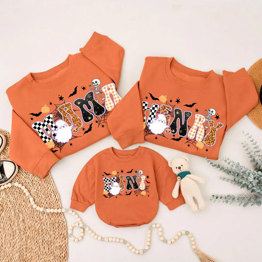 Mama & Mini Halloween Sweatshirts: Matching Family Fall Outfits, Cute Ghost & Pumpkin Design, Leopard & Checkered Letters, Festive Mom & Daughter Style