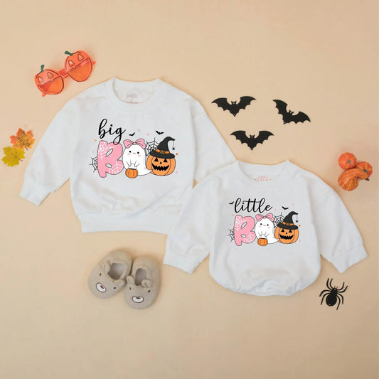 Matching Sister Halloween Sweatshirt Romper Set, Little Boo Ghost Pumpkin Outfit, Cute Toddler Family Fall Sweaters, Spooky Season Gift Idea (139 chars)