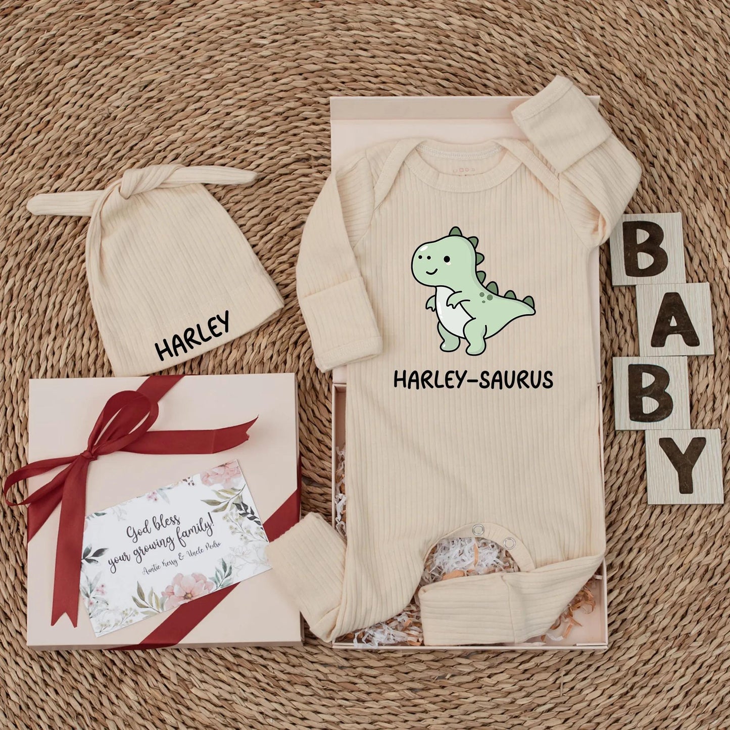 Cute Harley-Saurus Baby Bodysuit Funny Dinosaur Newborn Outfit Light Green White Belly Custom Name Baby Shower Gift