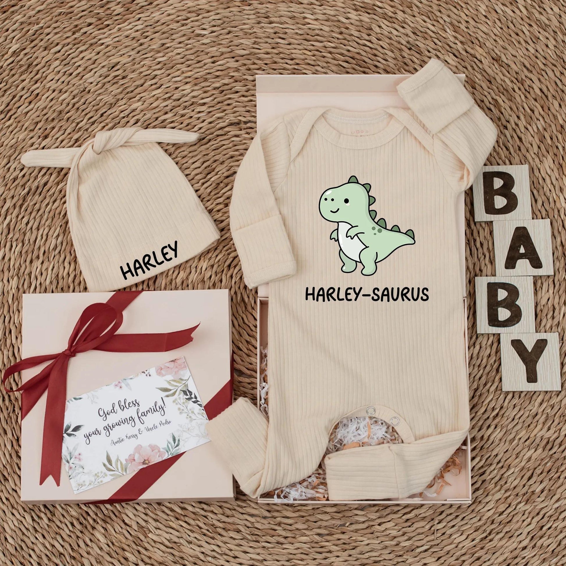 Cute Harley-Saurus Baby Bodysuit Funny Dinosaur Newborn Outfit Light Green White Belly Custom Name Baby Shower Gift