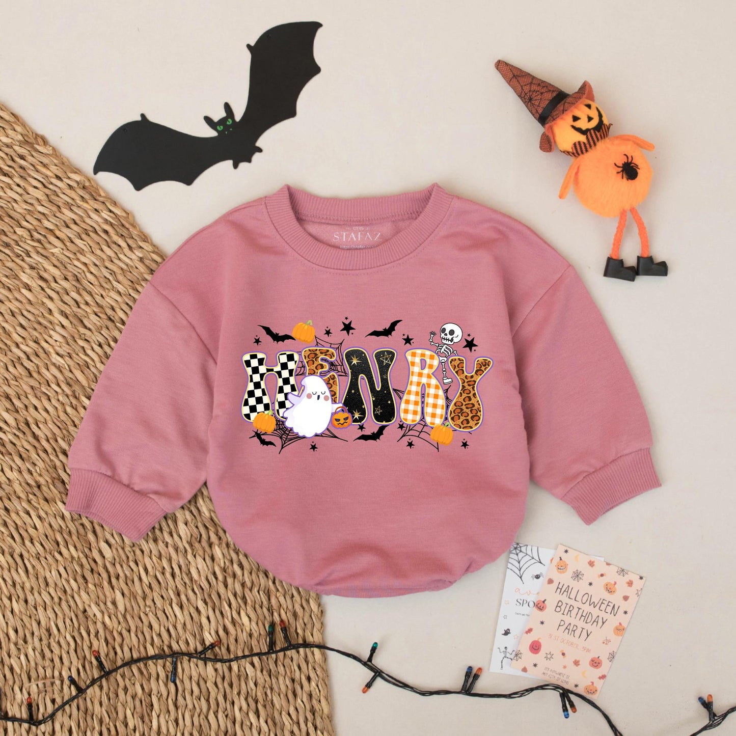HENRY's First Halloween Baby Romper Outfit: Spooky Cute Checkered Leopard Print Ghost & Pumpkins Funny Bodysuit, Playful Infant Clothes (138 chars)