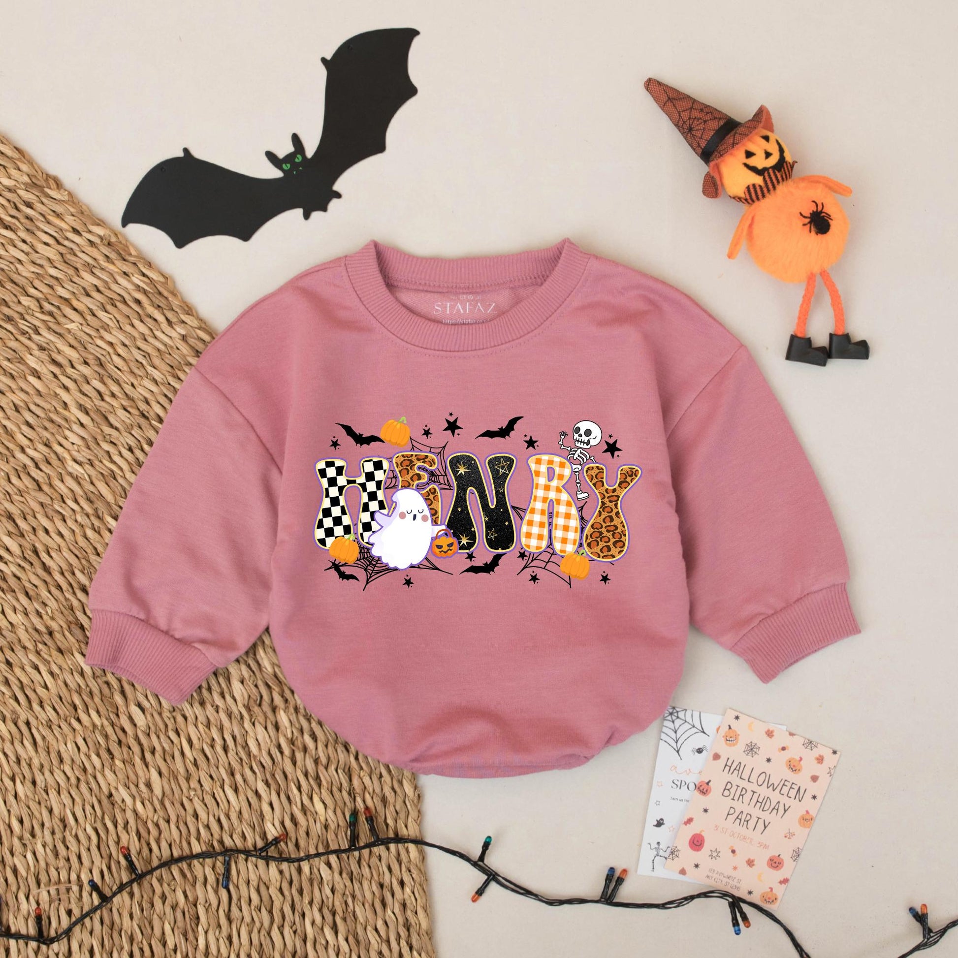 HENRY's First Halloween Baby Romper Outfit: Spooky Cute Checkered Leopard Print Ghost & Pumpkins Funny Bodysuit, Playful Infant Clothes (138 chars)