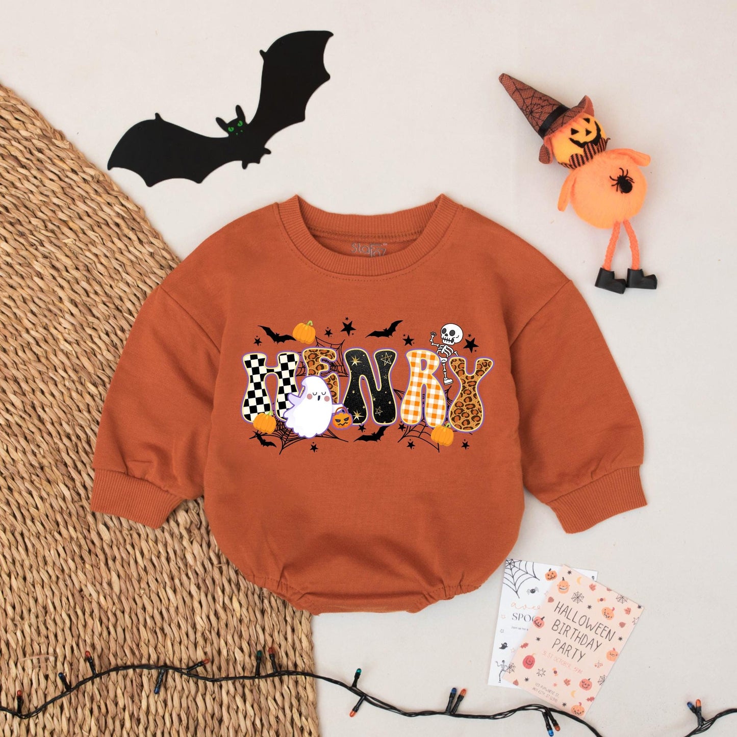 HENRY's First Halloween Baby Romper Outfit: Spooky Cute Checkered Leopard Print Ghost & Pumpkins Funny Bodysuit, Playful Infant Clothes (138 chars)