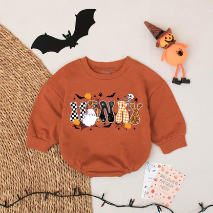 HENRY's First Halloween Baby Romper Outfit: Spooky Cute Checkered Leopard Print Ghost & Pumpkins Funny Bodysuit, Playful Infant Clothes (138 chars)
