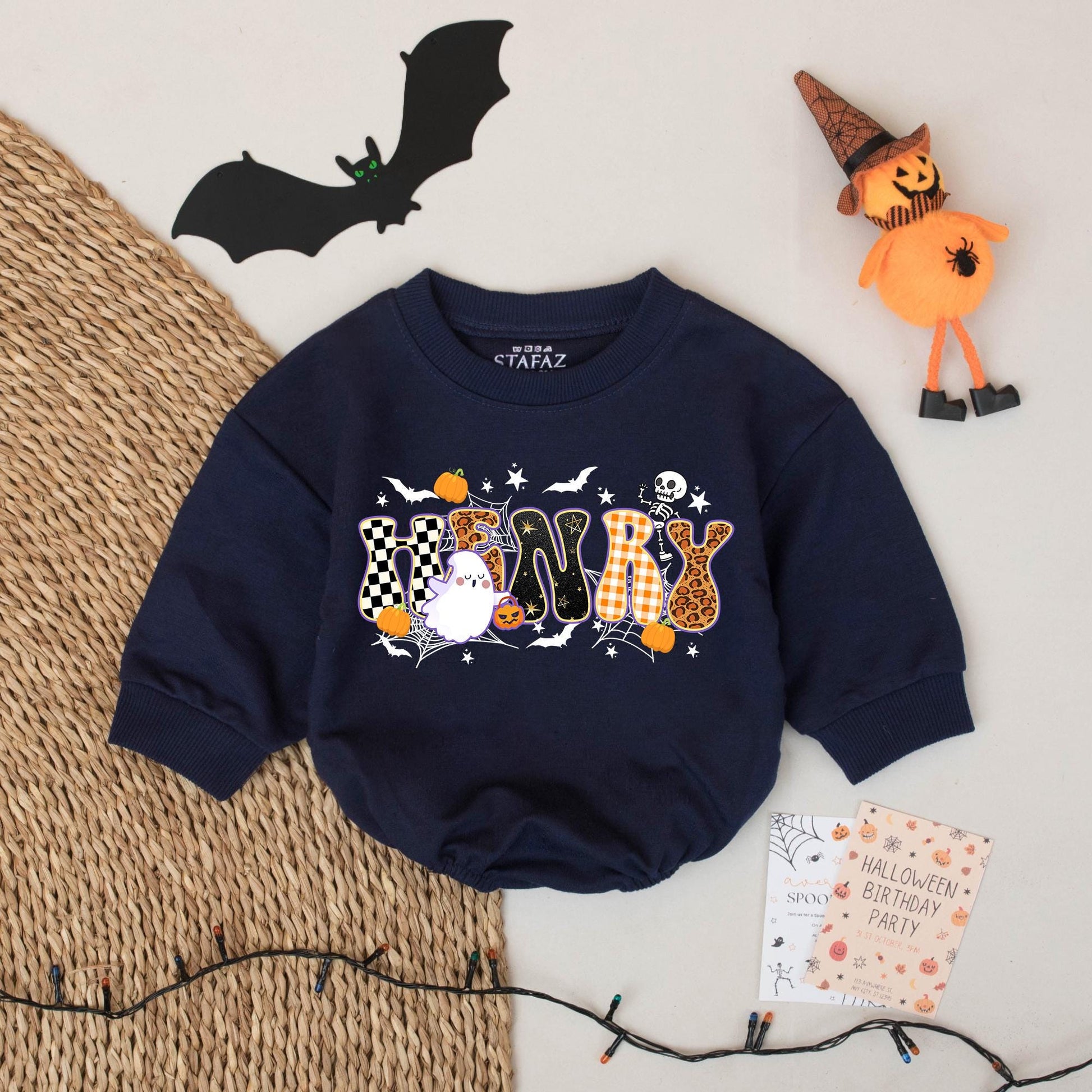 HENRY's First Halloween Baby Romper Outfit: Spooky Cute Checkered Leopard Print Ghost & Pumpkins Funny Bodysuit, Playful Infant Clothes (138 chars)