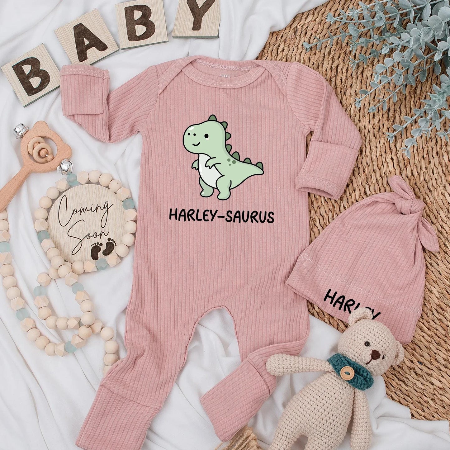 Cute Harley-Saurus Baby Bodysuit Funny Dinosaur Newborn Outfit Light Green White Belly Custom Name Baby Shower Gift