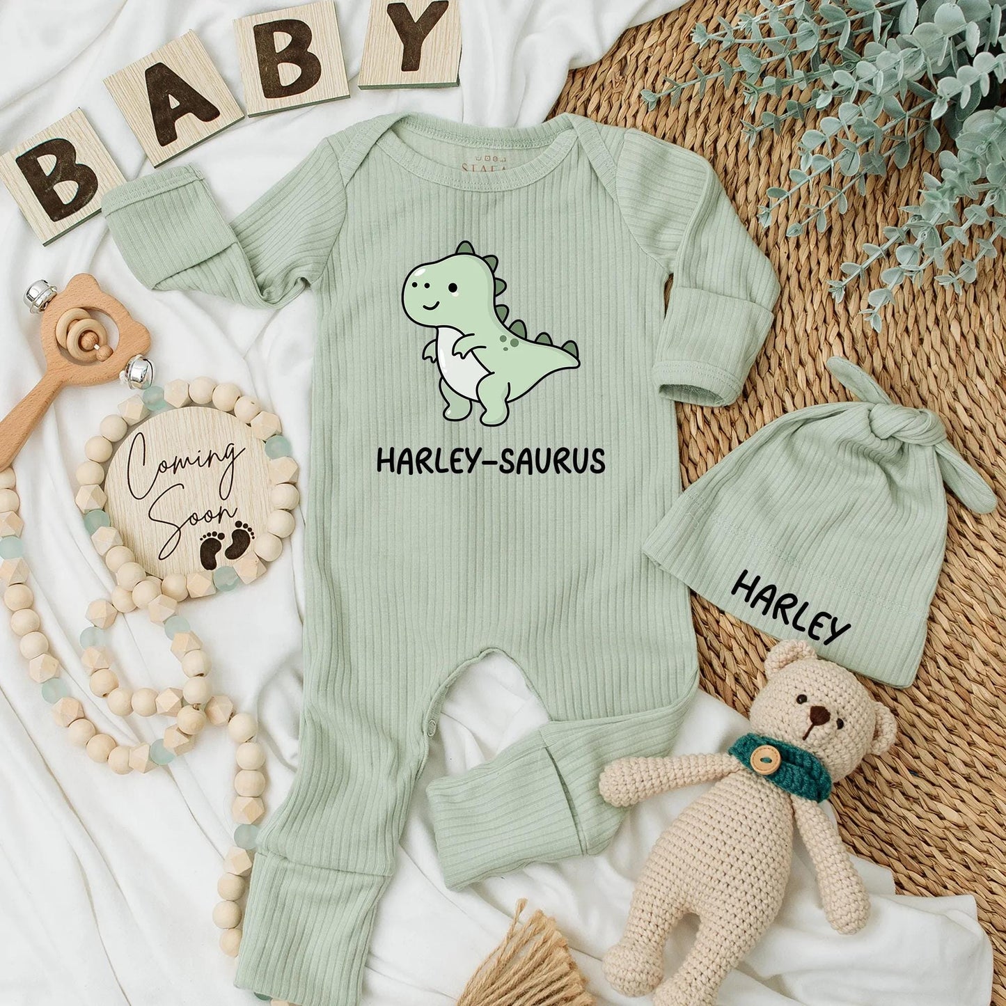 Cute Harley-Saurus Baby Bodysuit Funny Dinosaur Newborn Outfit Light Green White Belly Custom Name Baby Shower Gift