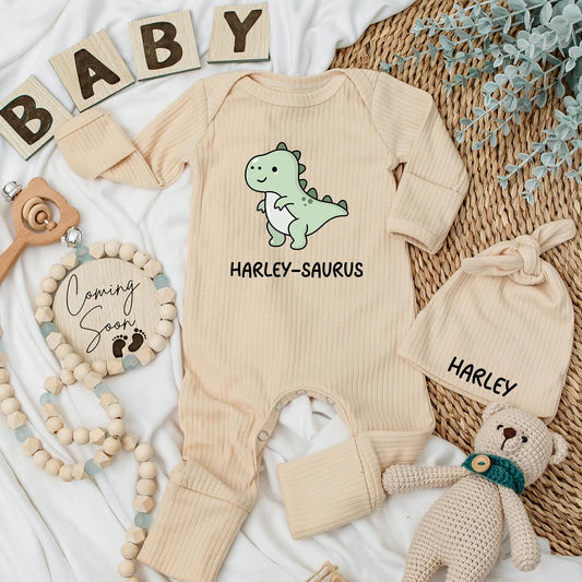 Cute Harley-Saurus Baby Bodysuit Funny Dinosaur Newborn Outfit Light Green White Belly Custom Name Baby Shower Gift