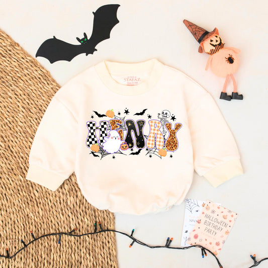 HENRY's First Halloween Baby Romper Outfit: Spooky Cute Checkered Leopard Print Ghost & Pumpkins Funny Bodysuit, Playful Infant Clothes (138 chars)