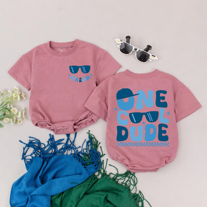 Cool Dude First Birthday Romper Personalized with Name, Blue Sunglasses Baby Boy Outfit, One Cool Dude Checkered Party Outfit Custom Star Design (139 chars)