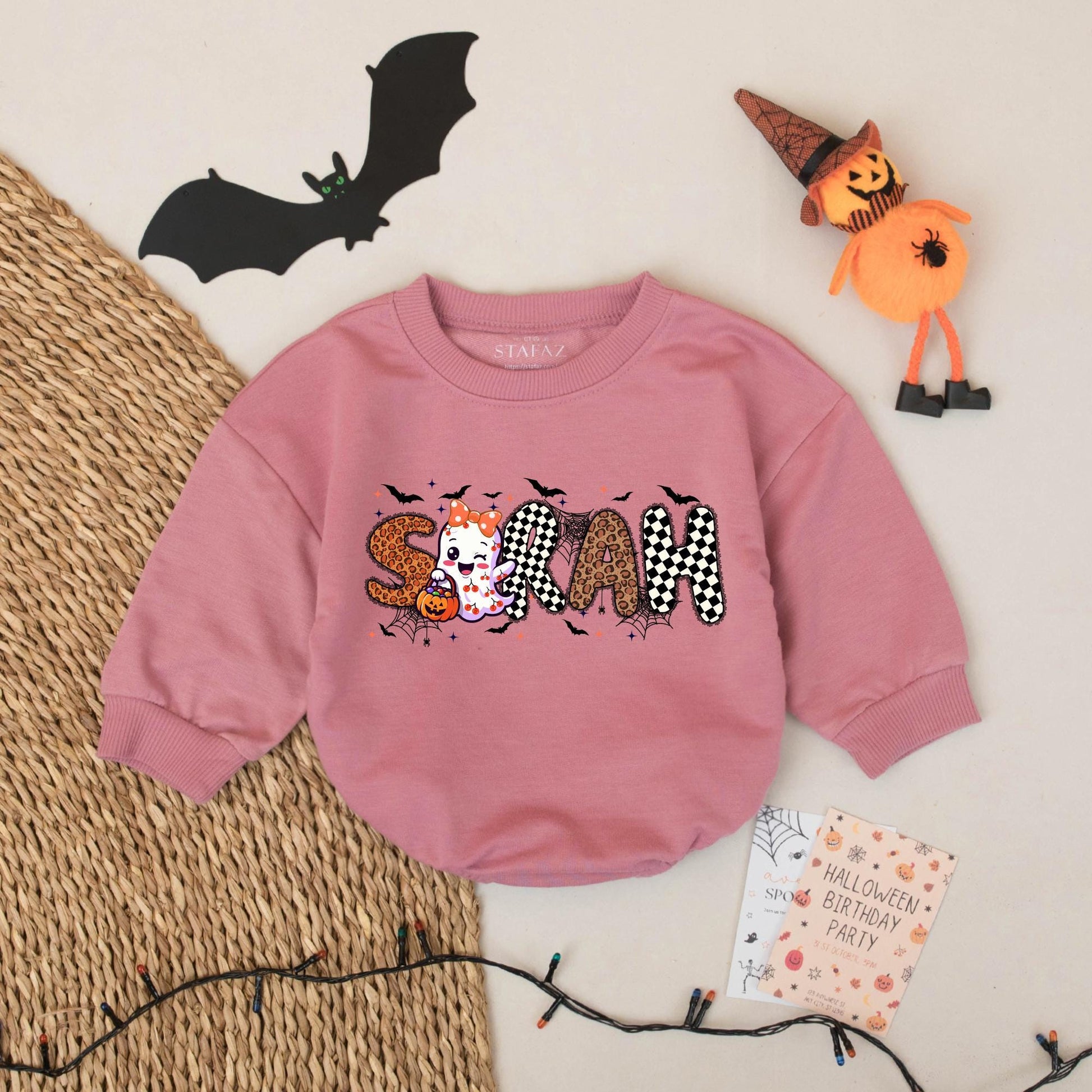 Personalized Sarah Halloween Baby Bubble Romper Ghost Bats Checkerboard Leopard Print First Halloween Outfit Girl Infant Gift Festive Cute Clothes