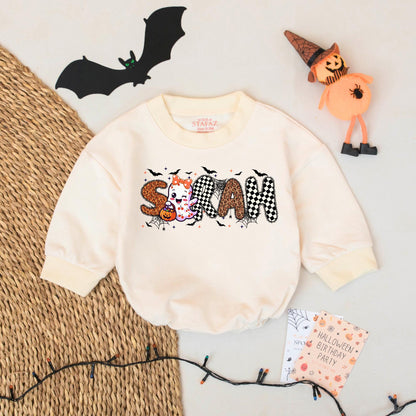 Personalized Sarah Halloween Baby Bubble Romper Ghost Bats Checkerboard Leopard Print First Halloween Outfit Girl Infant Gift Festive Cute Clothes