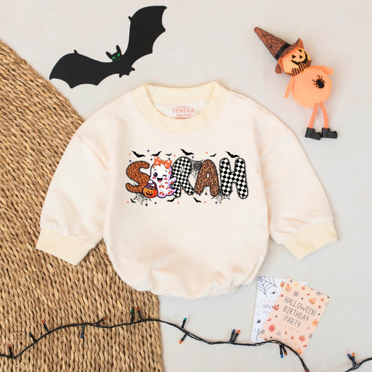 Personalized Sarah Halloween Baby Bubble Romper Ghost Bats Checkerboard Leopard Print First Halloween Outfit Girl Infant Gift Festive Cute Clothes