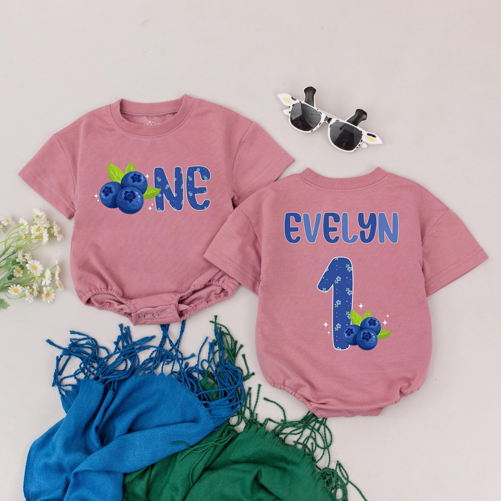 Personalized Blueberry One Girl Birthday Romper Bodysuit Floral Design Sweet First Birthday Baby Outfit Green Leaves Blue Accents Cake Smash