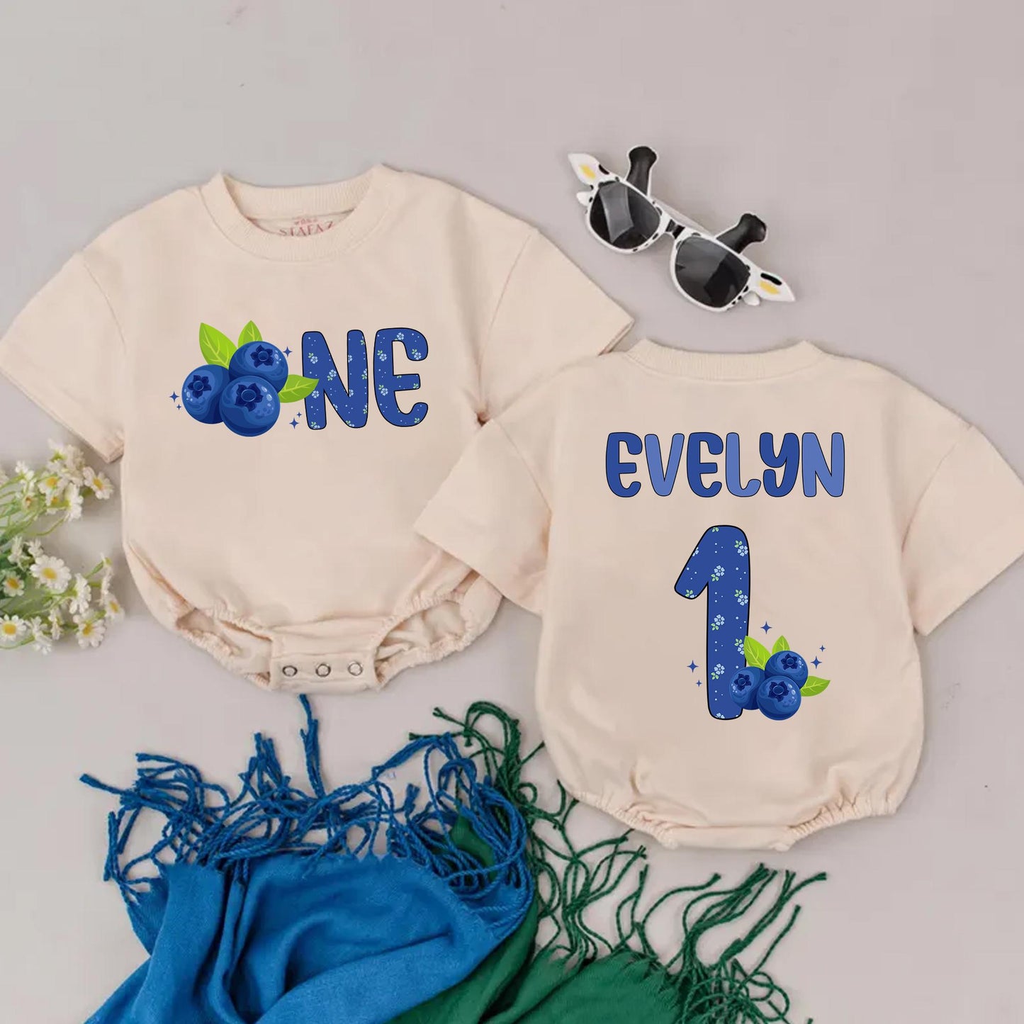 Personalized Blueberry One Girl Birthday Romper Bodysuit Floral Design Sweet First Birthday Baby Outfit Green Leaves Blue Accents Cake Smash
