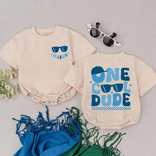 Cool Dude First Birthday Romper Personalized with Name, Blue Sunglasses Baby Boy Outfit, One Cool Dude Checkered Party Outfit Custom Star Design (139 chars)