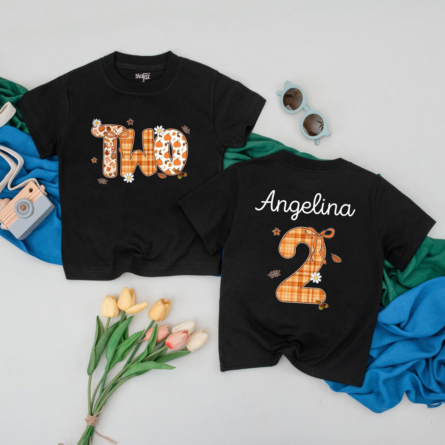 Personalized Fall Pumpkin Two Birthday Shirt Toddler Girl 2nd Celebration Outfit with Plaid Leaves Daisy Design Thanksgiving Gift Idea
