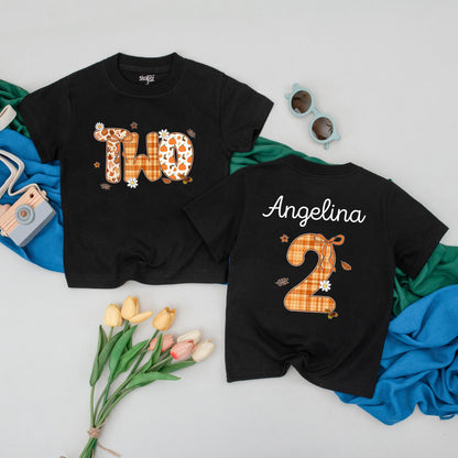 Personalized Fall Pumpkin Two Birthday Shirt Toddler Girl 2nd Celebration Outfit with Plaid Leaves Daisy Design Thanksgiving Gift Idea
