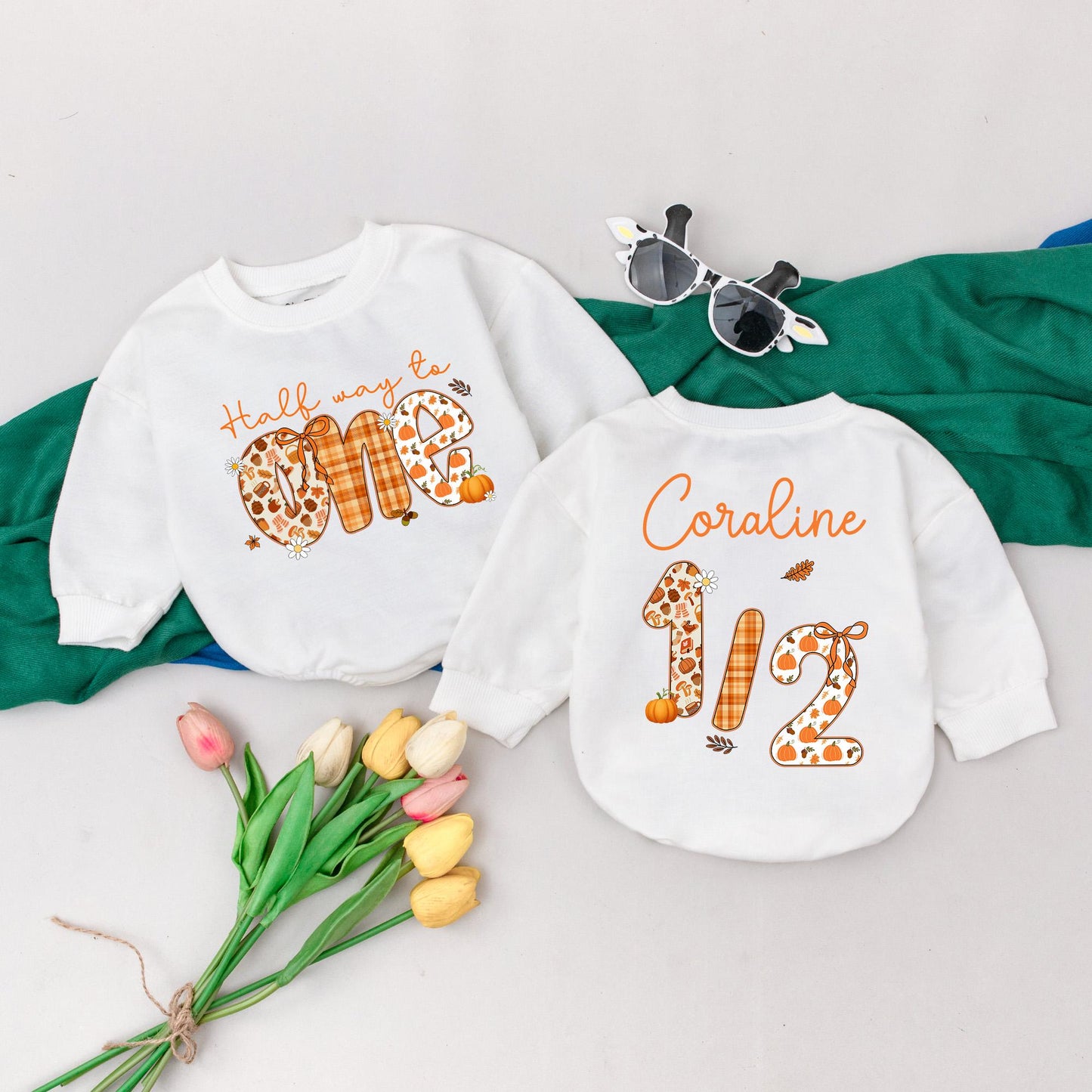 Half Way to One Pumpkin Romper 6 Months Birthday Outfit Baby Girl Thanksgiving Clothes Custom Name Fall Festive Gift