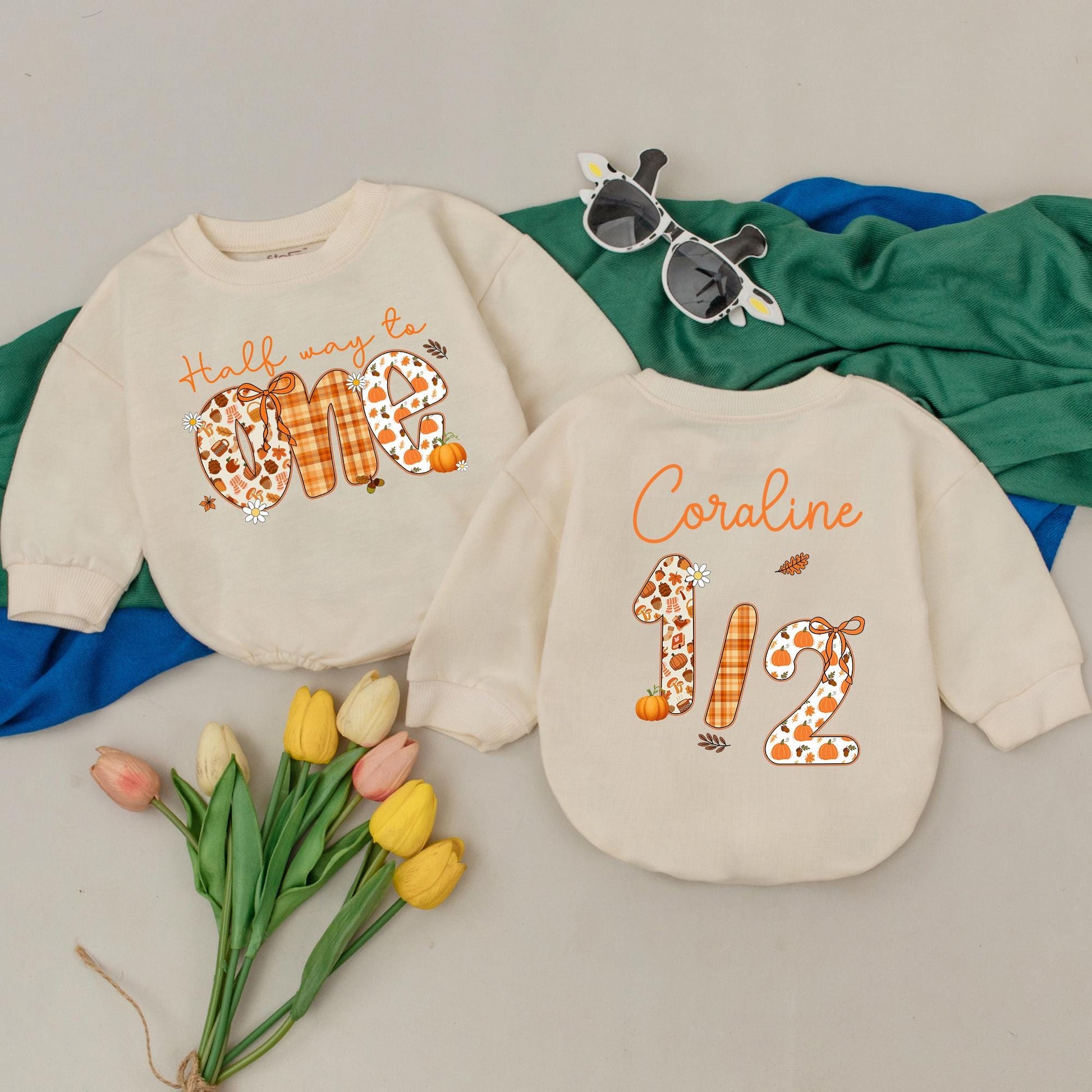 Half Way to One Pumpkin Romper 6 Months Birthday Outfit Baby Girl Thanksgiving Clothes Custom Name Fall Festive Gift