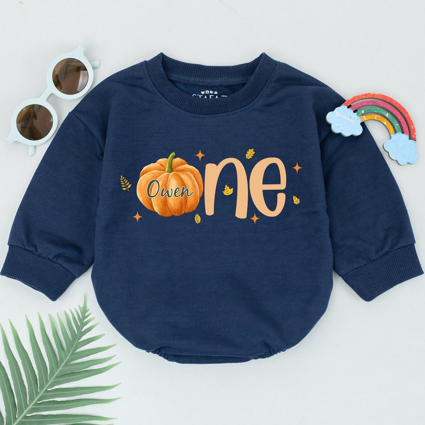 Personalized First Birthday Pumpkin Romper Baby Girl Vintage Fall Thanksgiving Outfit featuring 'Owen' and 'one' Leaves Stars Cute Newborn Gift