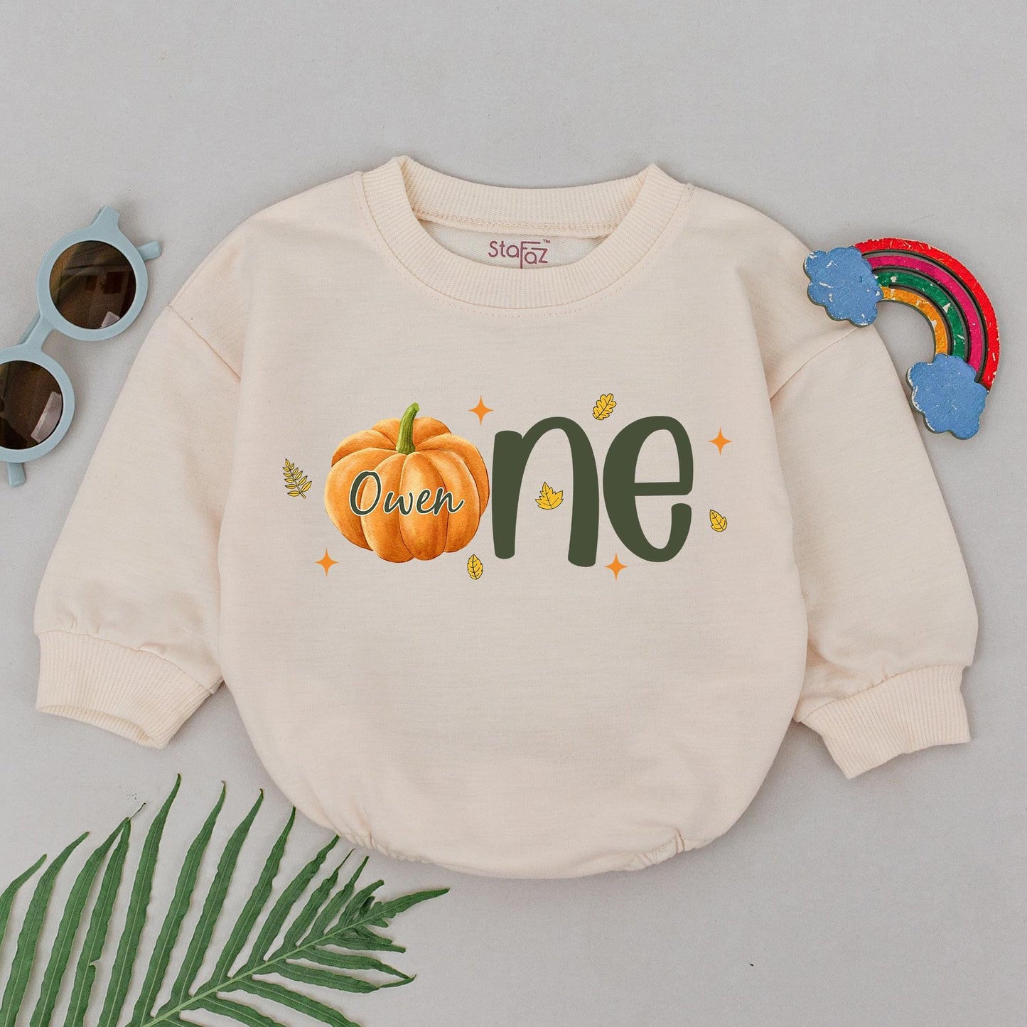 Personalized First Birthday Pumpkin Romper Baby Girl Vintage Fall Thanksgiving Outfit featuring 'Owen' and 'one' Leaves Stars Cute Newborn Gift