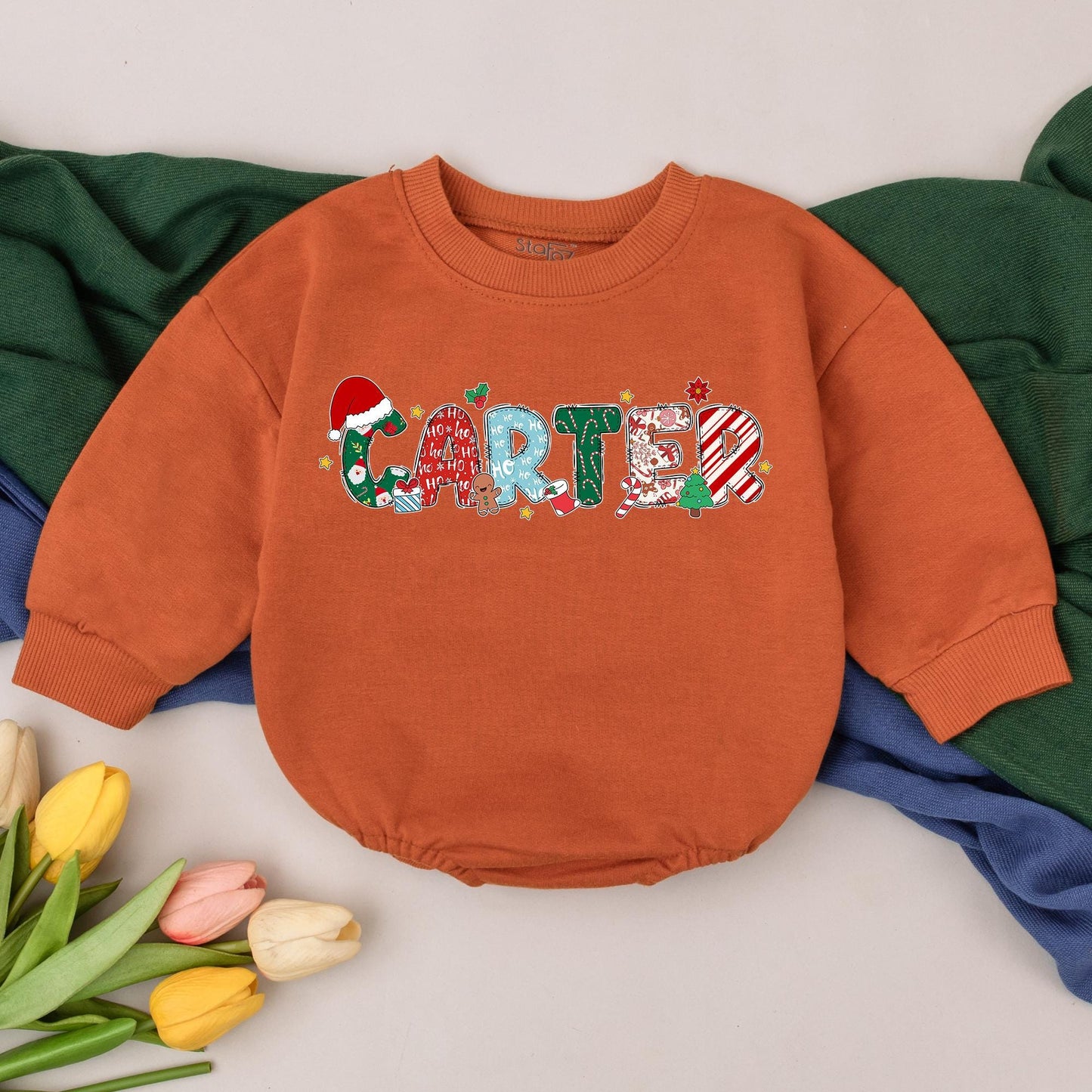 Personalized Christmas Romper: CARTER Name Bodysuit with Festive Holiday Letters & Gold Stars, First Christmas Outfit, Baby Xmas Clothes Gift for Baby Girl (139 chars)