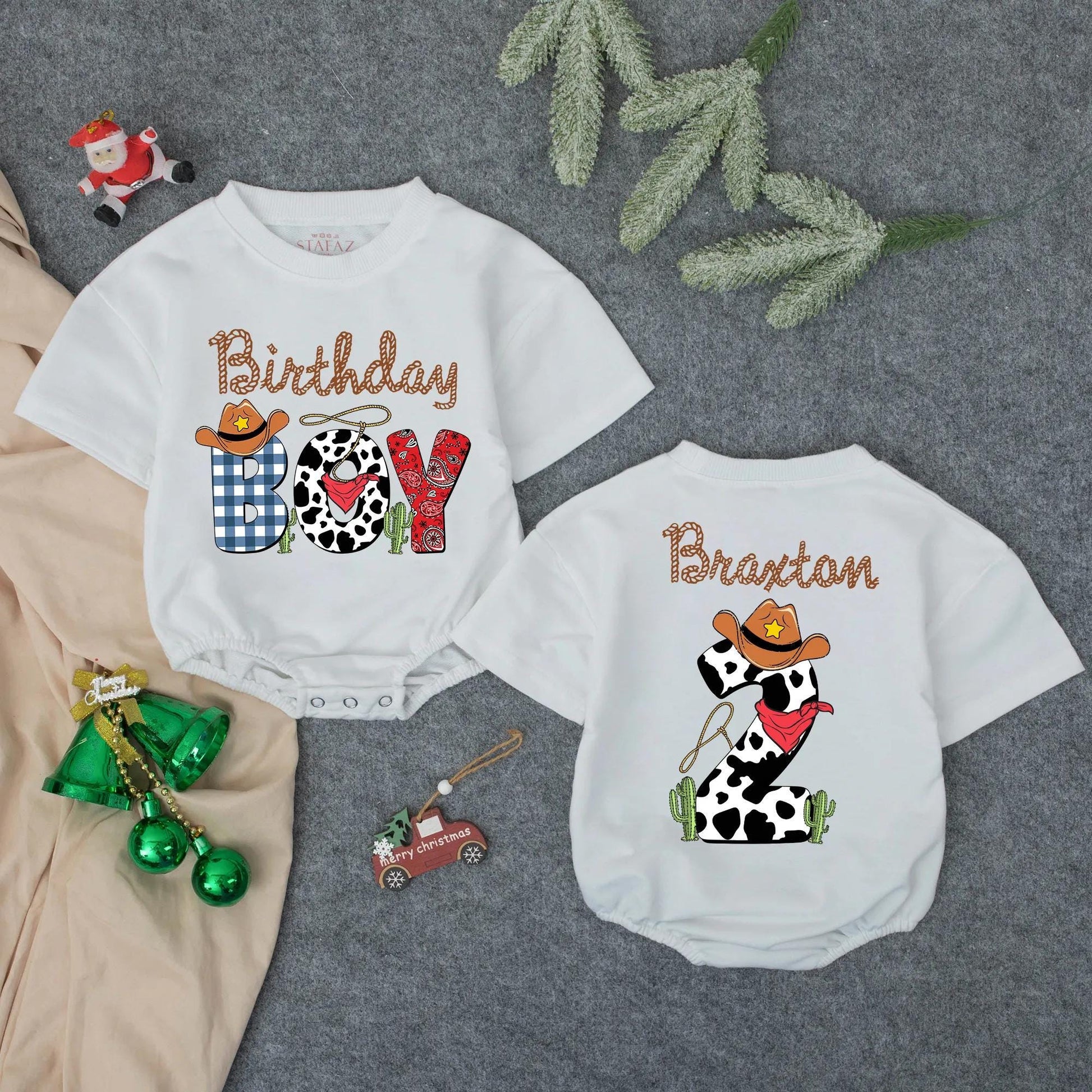 Western Birthday Boy Romper with Cowboy Hat and Cacti - My First Rodeo Outfit Custom Name Baby Clothing