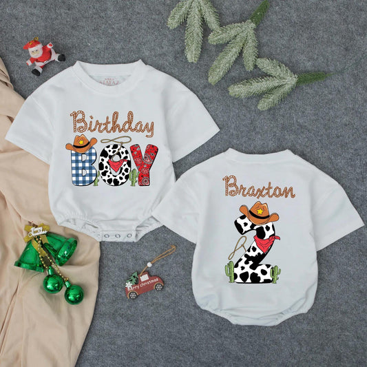 Western Birthday Boy Romper with Cowboy Hat and Cacti - My First Rodeo Outfit Custom Name Baby Clothing