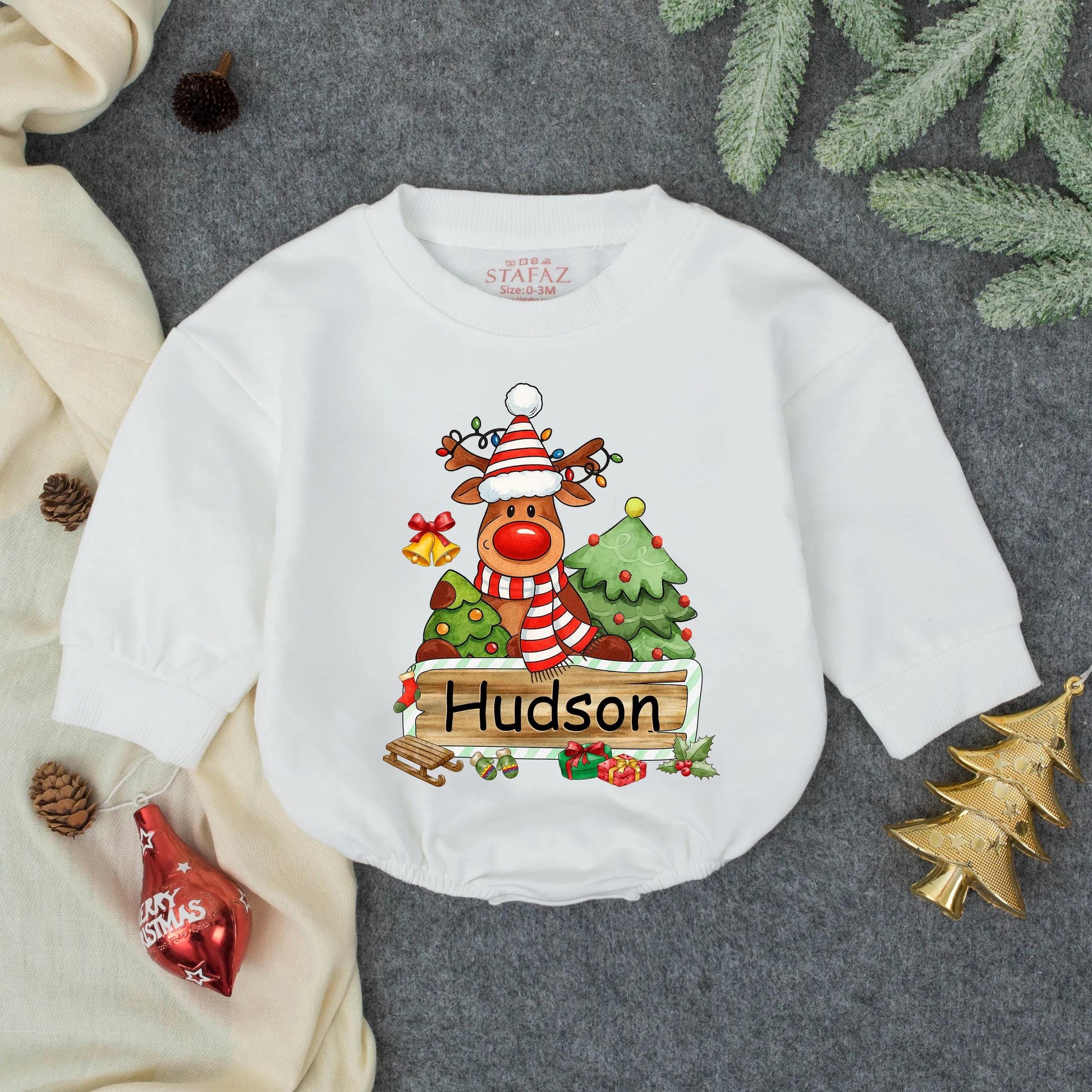 Personalized Reindeer "Hudson" First Christmas Baby Bubble Romper Infant Clothes Toddler Holiday Sweatshirt Newborn Christmas Gift