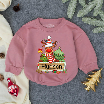 Personalized Reindeer "Hudson" First Christmas Baby Bubble Romper Infant Clothes Toddler Holiday Sweatshirt Newborn Christmas Gift