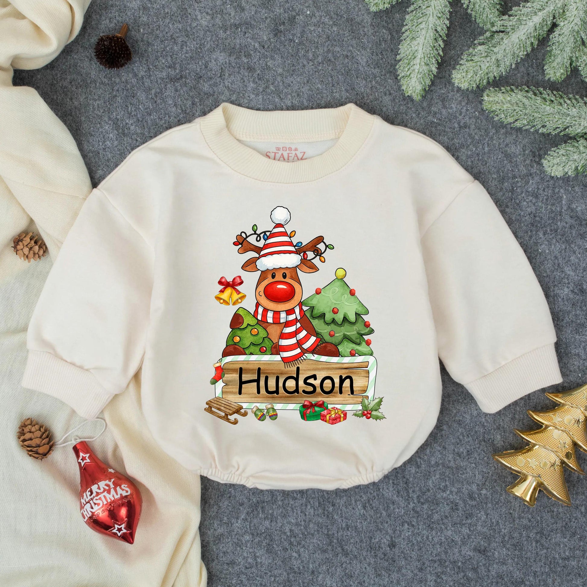 Personalized Reindeer "Hudson" First Christmas Baby Bubble Romper Infant Clothes Toddler Holiday Sweatshirt Newborn Christmas Gift