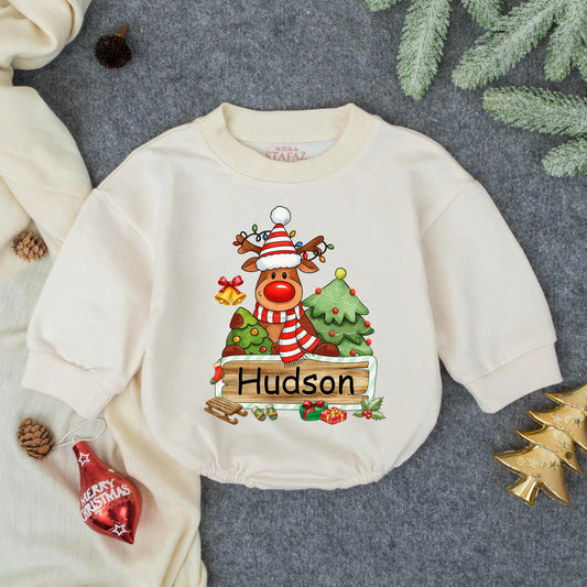 Personalized Reindeer "Hudson" First Christmas Baby Bubble Romper Infant Clothes Toddler Holiday Sweatshirt Newborn Christmas Gift