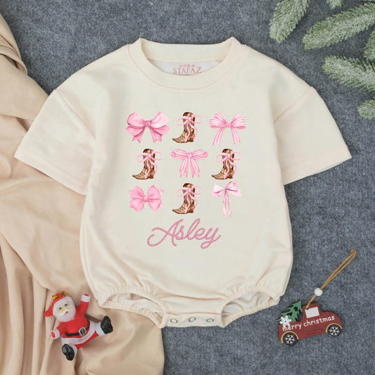 Custom Asley Cowgirl Boots Bows Romper Whimsical Western Baby Girl Outfit Summer Shower Gift Toddler Clothes