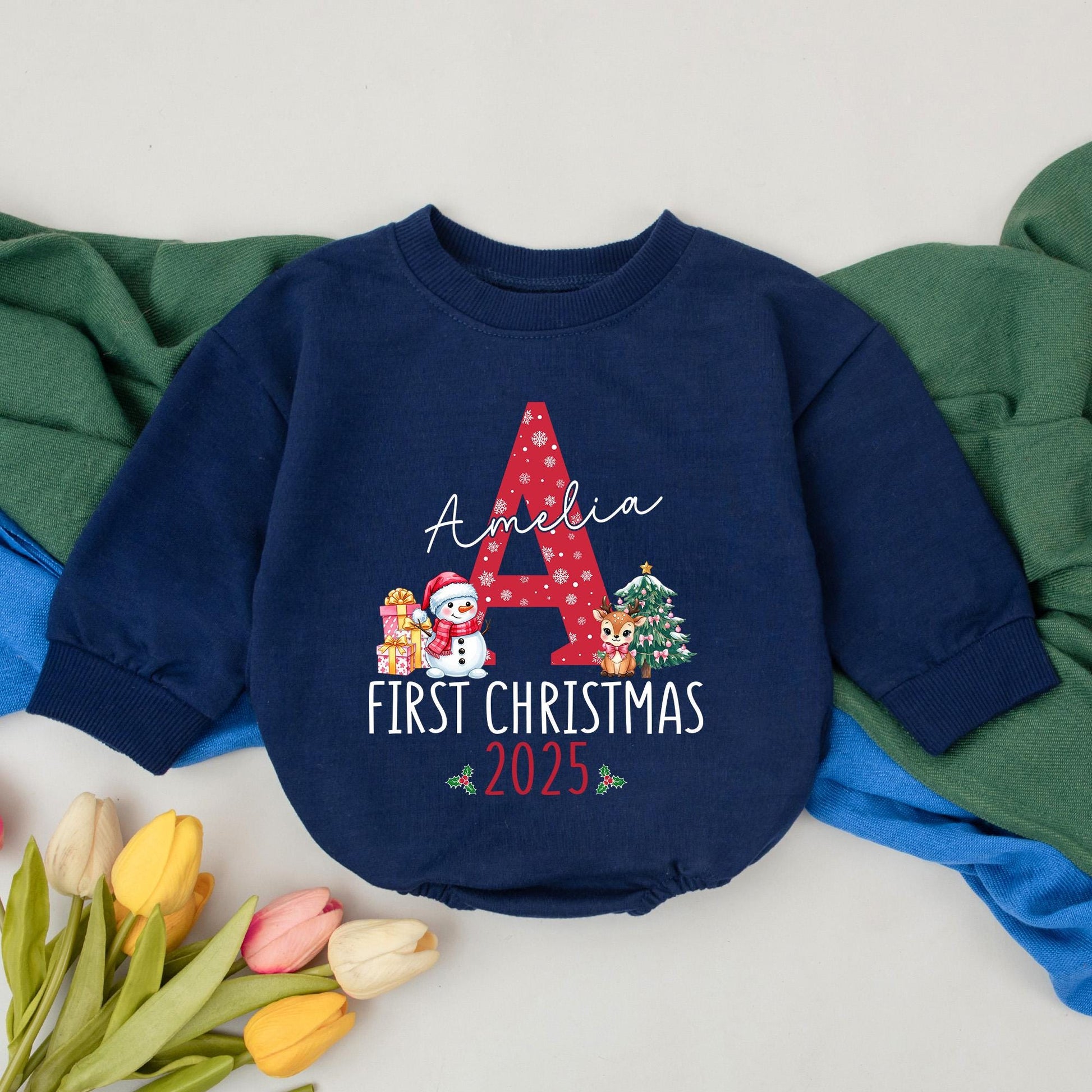 Amelia's First Christmas Baby Romper with Red A Snowflake Custom Name 2025 Holly Snowman Reindeer Baby Clothes Winter Outfit