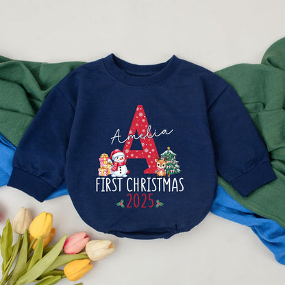 Amelia's First Christmas Baby Romper with Red A Snowflake Custom Name 2025 Holly Snowman Reindeer Baby Clothes Winter Outfit