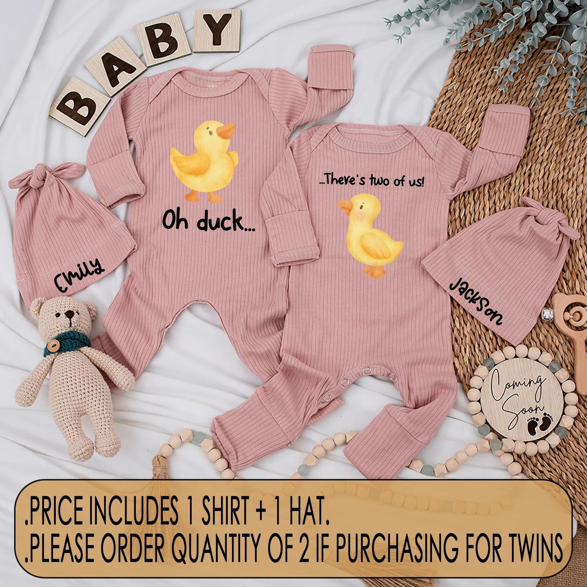 Cute Twin Baby Bodysuits Set: Oh Duck There's Two Of Us! Matching Newborn Outfits, Funny Chick Shower Gift Clothes, Unique Duckling Design (138 chars)