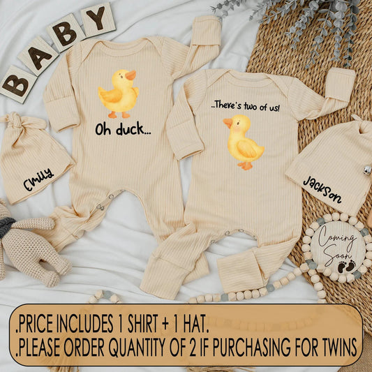 Cute Twin Baby Bodysuits Set: Oh Duck There's Two Of Us! Matching Newborn Outfits, Funny Chick Shower Gift Clothes, Unique Duckling Design (138 chars)