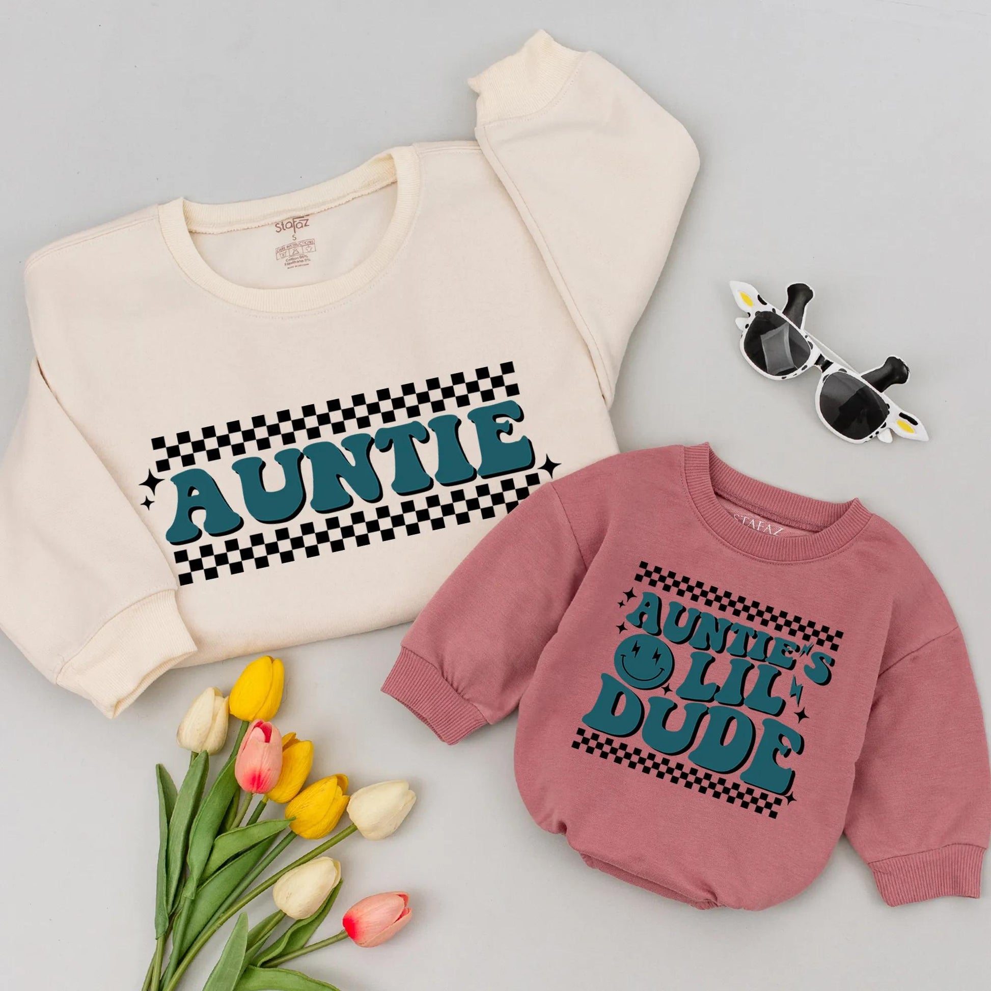 Retro Auntie's Lil Dude Sweatshirt Sweet Auntie Gift Vintage Blue Checkered Family Vibes Baby Toddler Newborn Birthday Outfit