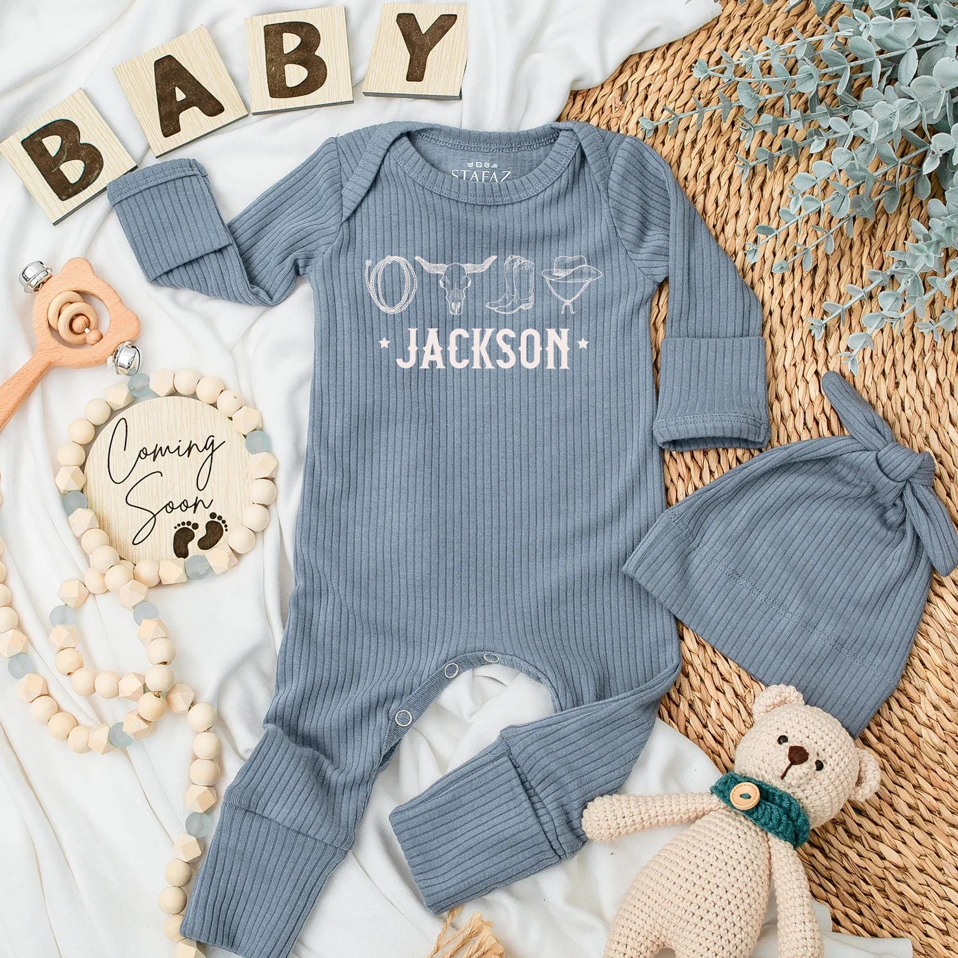 Personalized Western Baby Bodysuit Newborn Boy Name Jackson Rustic Cowboy Lasso Bull Skull Hat Boots Design Brown Stars Shower Gift