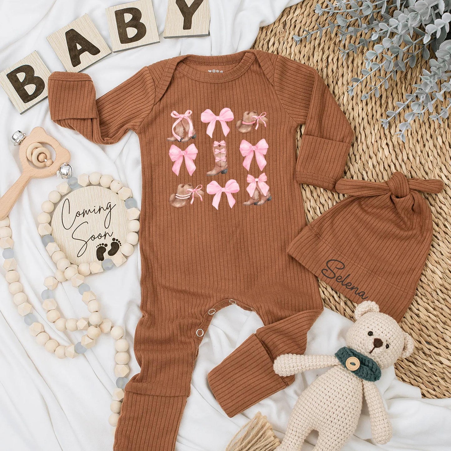 Personalized Watercolor Cowgirl Baby Bodysuit Cute Pink Bow Western Newborn Girl Outfit New Cowgirl In Town Soft Country Style