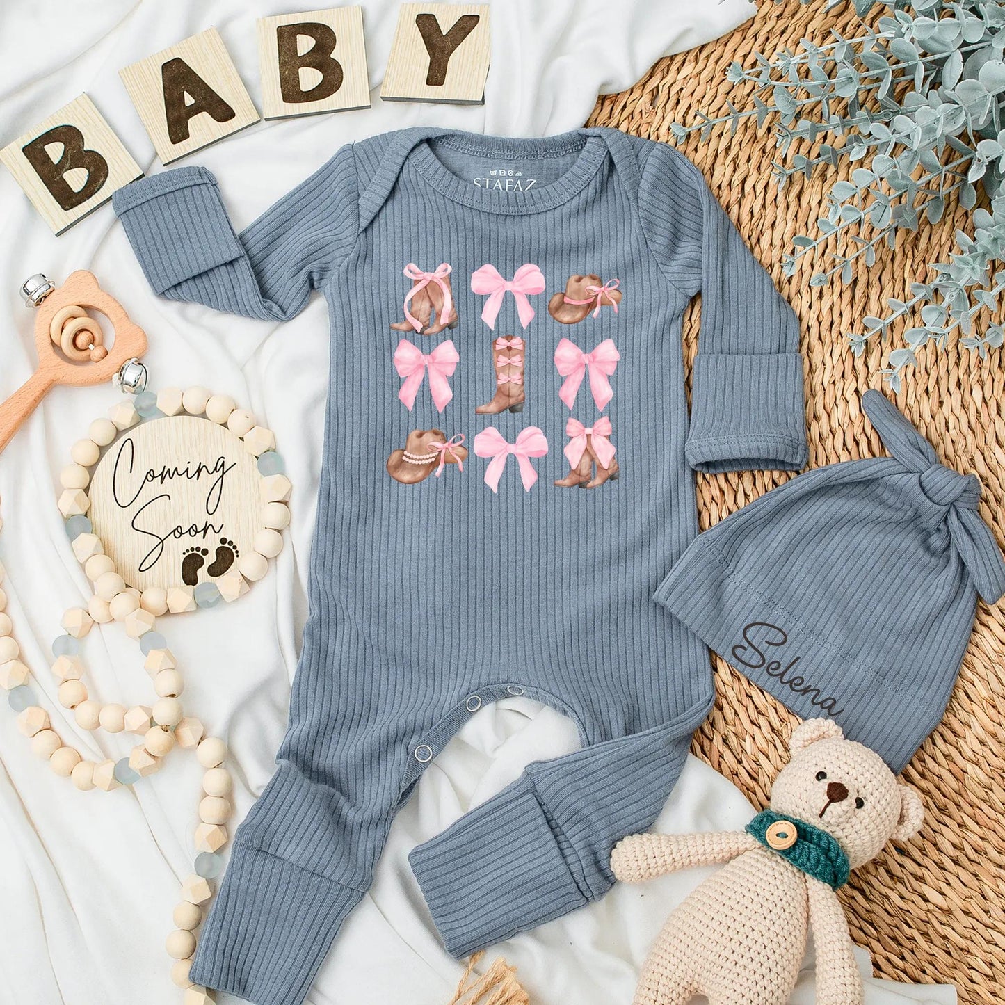Personalized Watercolor Cowgirl Baby Bodysuit Cute Pink Bow Western Newborn Girl Outfit New Cowgirl In Town Soft Country Style