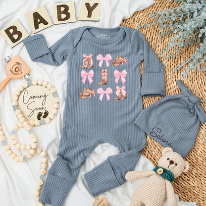 Personalized Watercolor Cowgirl Baby Bodysuit Cute Pink Bow Western Newborn Girl Outfit New Cowgirl In Town Soft Country Style