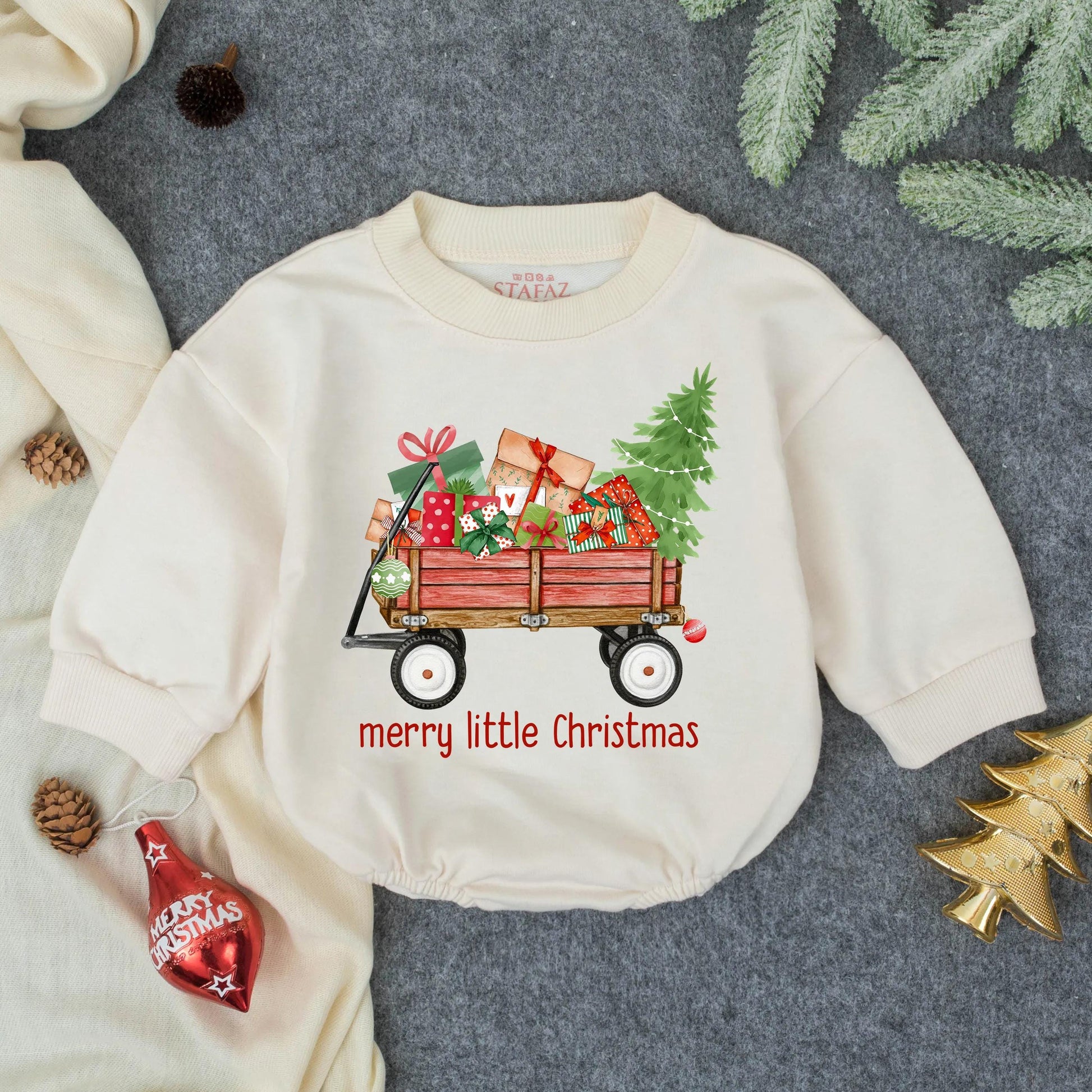 Merry Little Christmas Baby Bubble Romper with Red Wagon & Colorful Gifts Green Tree First Christmas Infant Outfit Toddler Festive Whimsical Hand-Drawn
