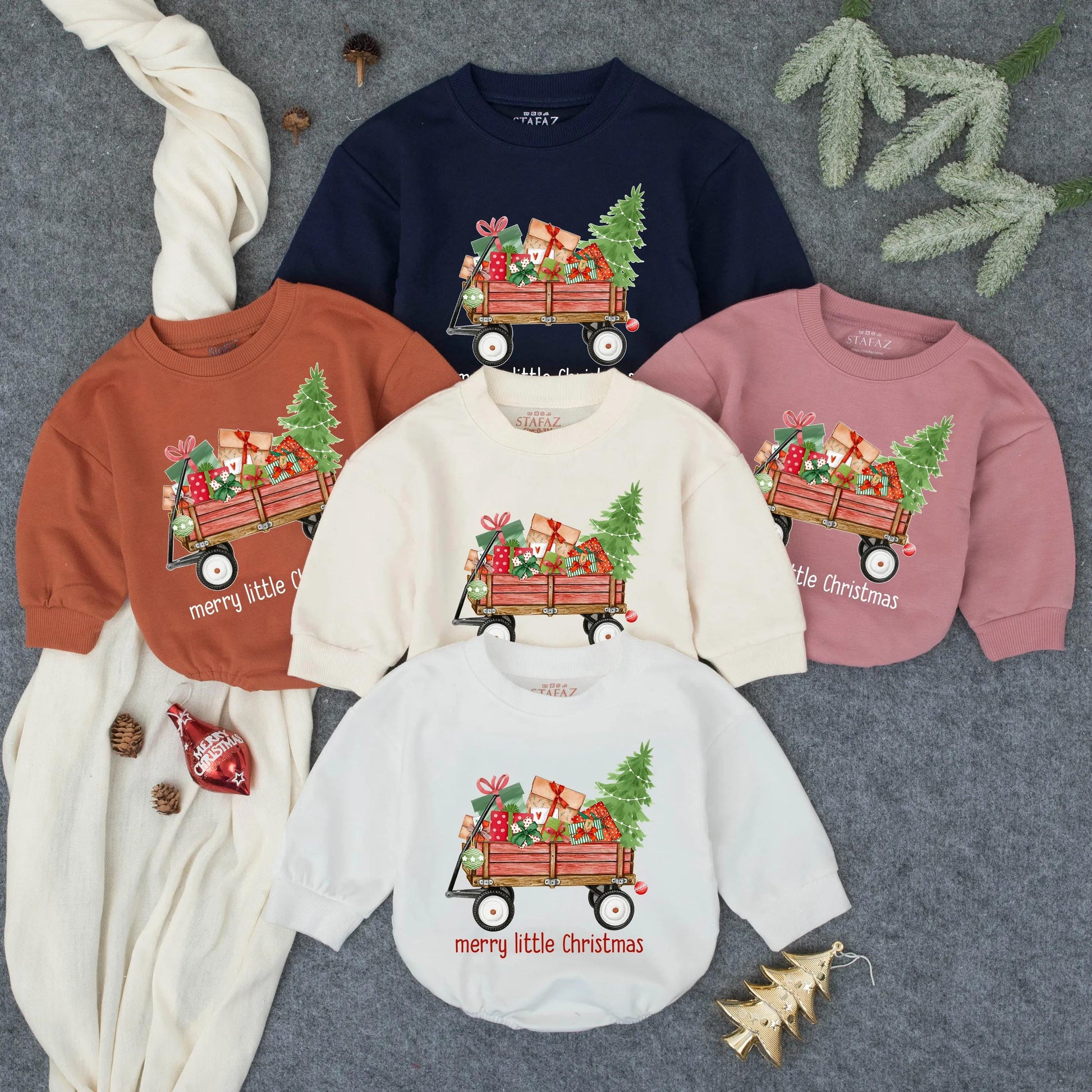 Merry Little Christmas Baby Bubble Romper with Red Wagon & Colorful Gifts Green Tree First Christmas Infant Outfit Toddler Festive Whimsical Hand-Drawn