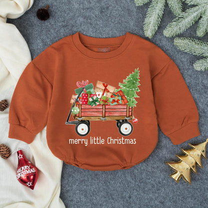 Merry Little Christmas Baby Bubble Romper with Red Wagon & Colorful Gifts Green Tree First Christmas Infant Outfit Toddler Festive Whimsical Hand-Drawn