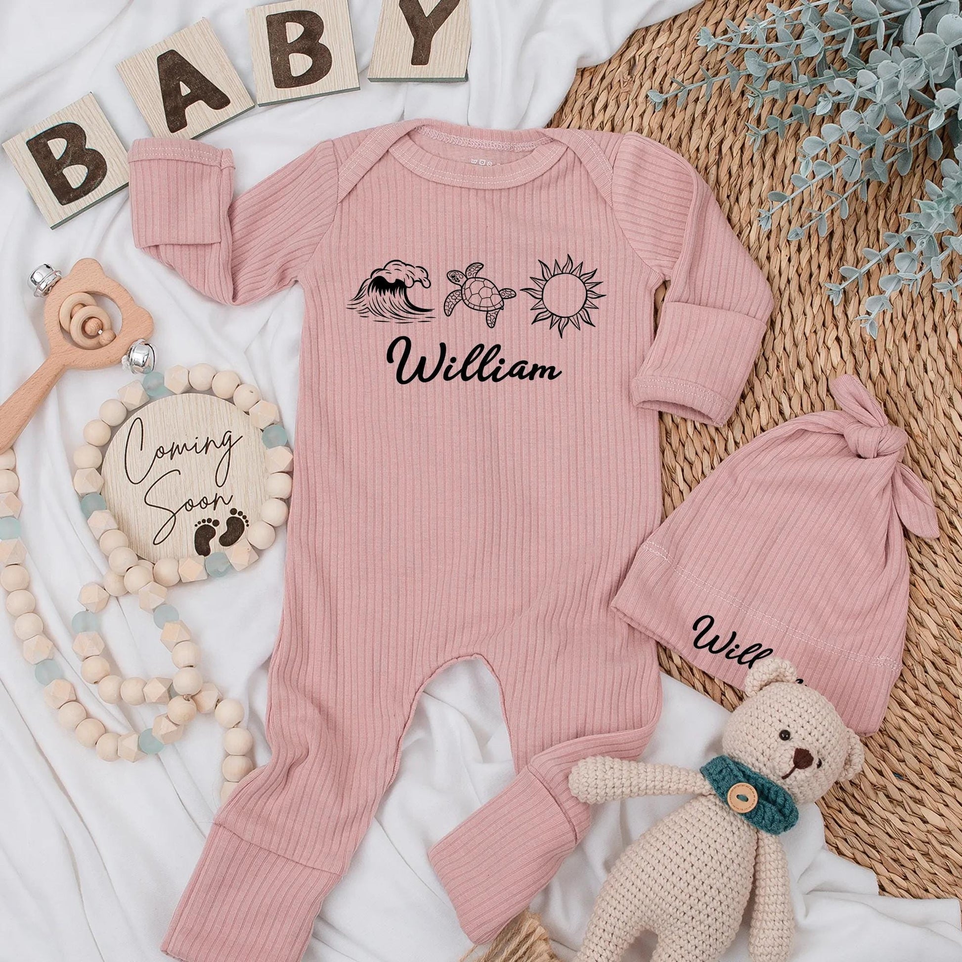 Personalized Beach Baby Bodysuit Cute Wave Turtle Sun Custom Name Ocean Outfit Newborn Boy Summer Gift Shower Gift
