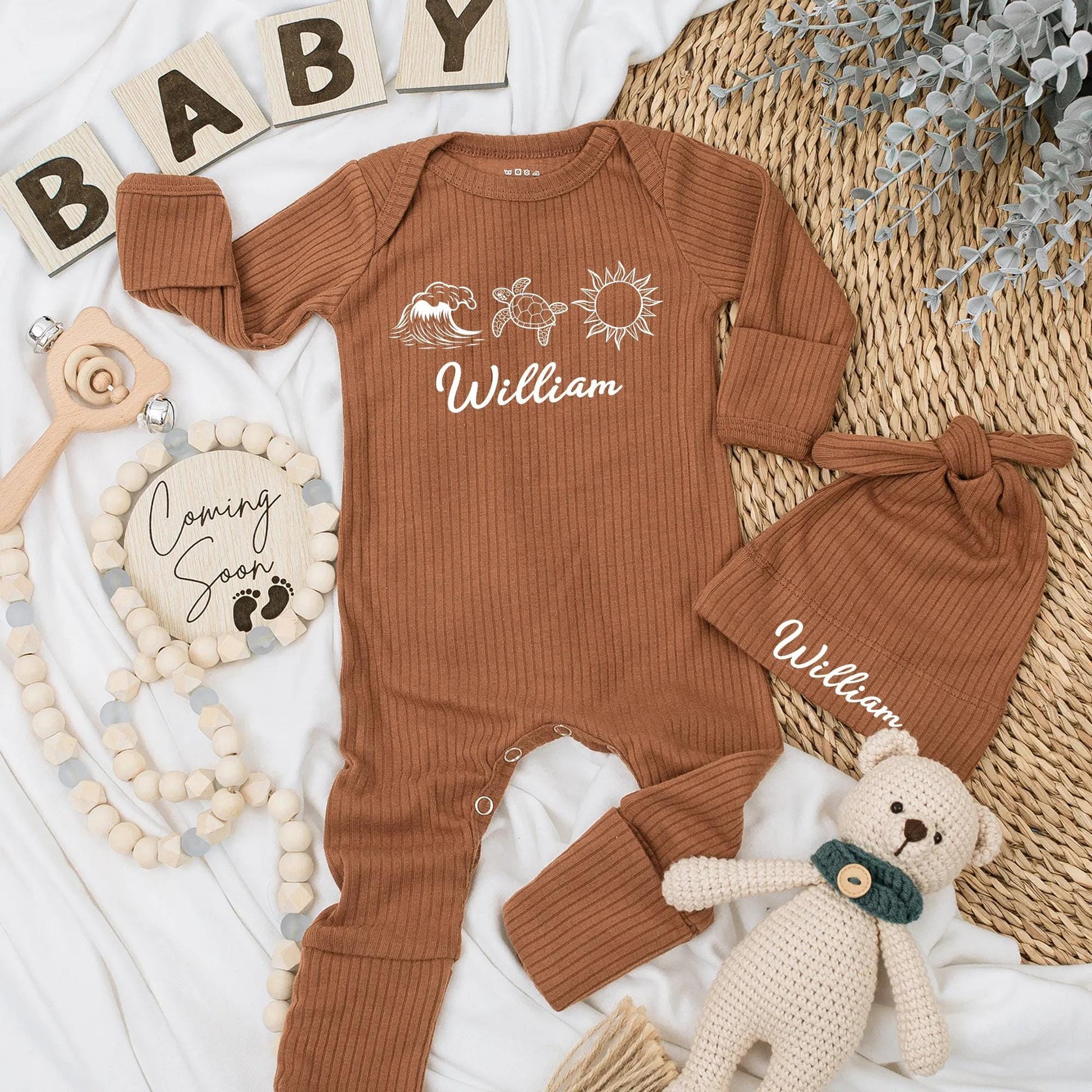 Personalized Beach Baby Bodysuit Cute Wave Turtle Sun Custom Name Ocean Outfit Newborn Boy Summer Gift Shower Gift