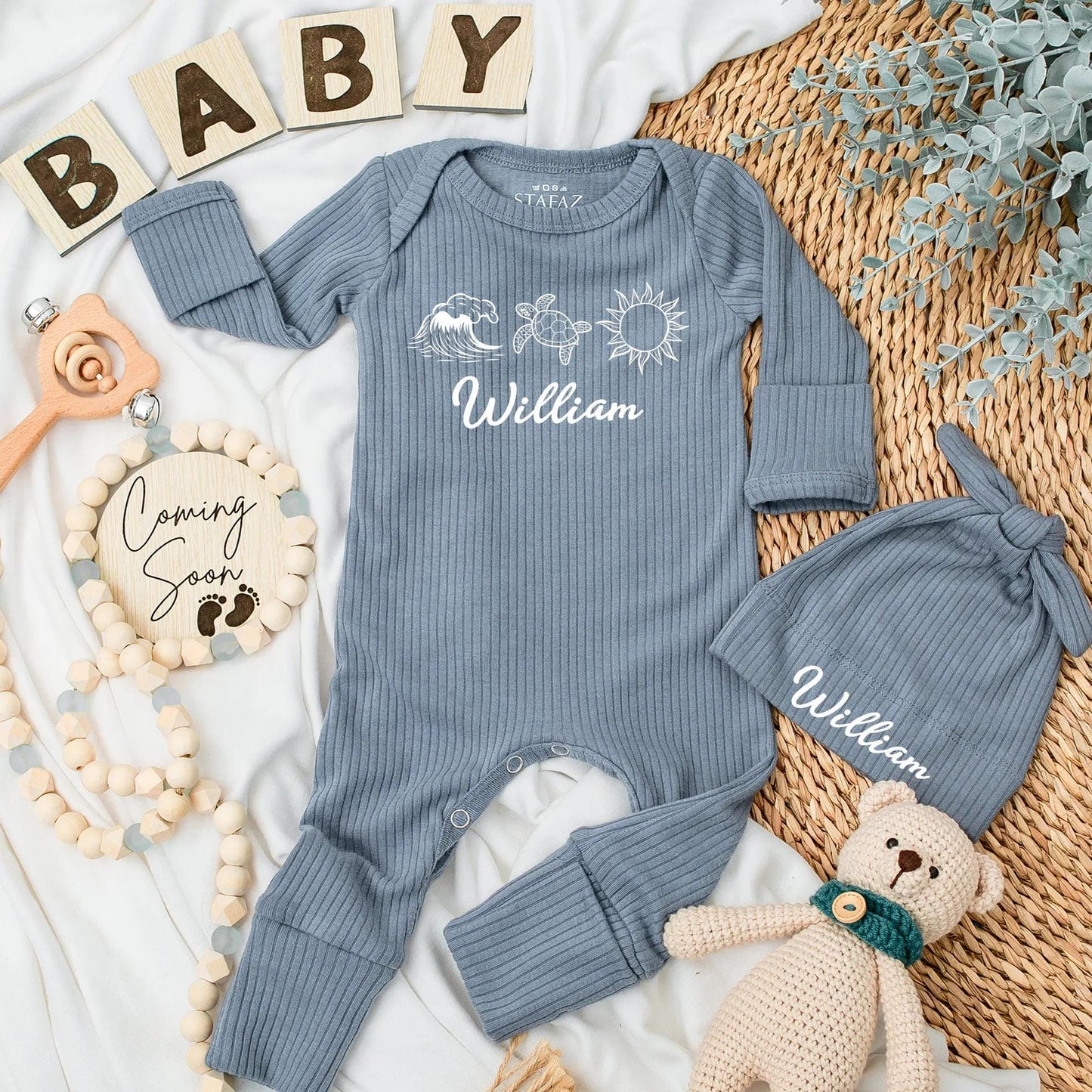 Personalized Beach Baby Bodysuit Cute Wave Turtle Sun Custom Name Ocean Outfit Newborn Boy Summer Gift Shower Gift
