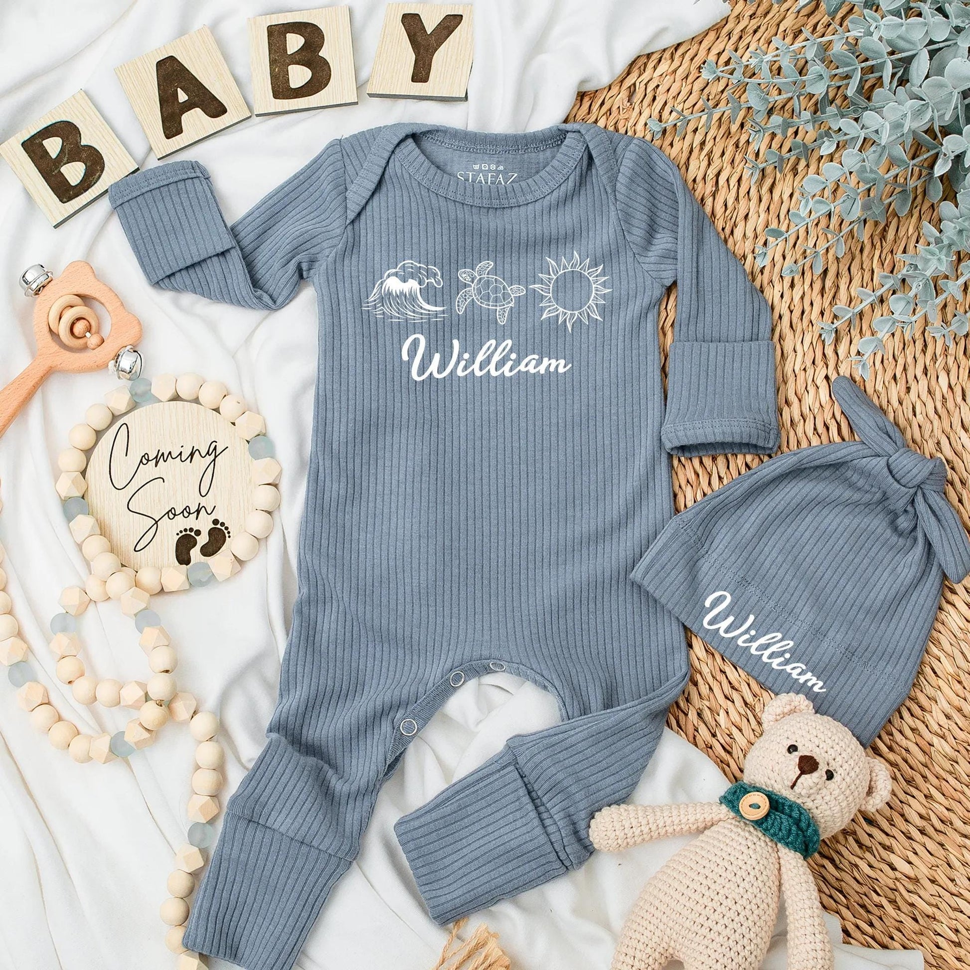 Personalized Beach Baby Bodysuit Cute Wave Turtle Sun Custom Name Ocean Outfit Newborn Boy Summer Gift Shower Gift